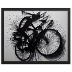 a black and white painting with a bicycle on the front, surrounded by small sprinkles