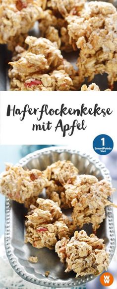 some food that is on top of a metal pan and in front of the words haferfockenkekes mit appel