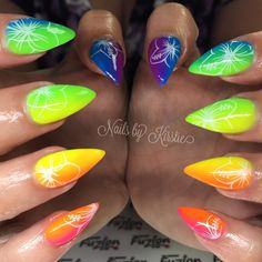 Using @fuzion_nails "Neonz" Pink, Orange, Yellow, Green, Blue & Purple! • #gelnails #kirstielowe_fuzionambassador #nails #nailart #naildesign #nailswag #nailporn #neon #neonnails #hawaii #hawaiiantropic #hawaiinails #hibiscus #hibiscusnails #vacationnails #summernails #fuzionuvgel #ombrenails #ombre #pointynails #almondnails #instanails #nailsofinstagram #floral Orange Nails Neon, Trendy Nails Orange, Trendy Orange Nails, Gold Manicure, Nails Neon, Nails Orange, Pointy Nails