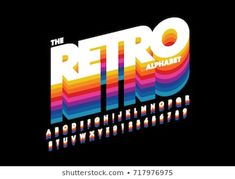 the retro alphabet font and numbers in rainbow colors on black background with space for text