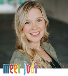 a woman with long blonde hair and blue eyes smiles at the camera while standing in front of a sign that says meet jodi