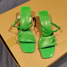 Green Strappy Kitten Heel Perfect For Summer! Never Worn, Nwt Green Strappy Sandals With Heel Loop, Green Heels With Single Toe Strap For Spring, Green Heels With Single Toe Strap For Summer, Trendy Green Heels With Single Toe Strap, Green Strappy Heels For Summer, Strappy Sandals Heels, Kitten Heel, Heeled Sandals, Strappy Heels