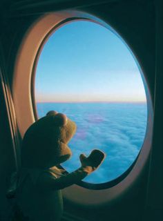 a teddy bear looking out an airplane window at the clouds and blue sky in the distance