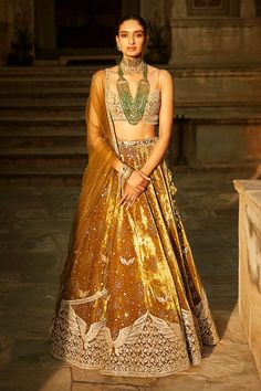 Matsya-Yellow Sunset Winged Lehenga Set-INDIASPOPUP.COM Anita Dongre Lehenga, Wings Flying, Indigenous Fashion, Velvet Lehenga, Green Wing, Spaghetti Strap Blouses, Red Lehenga, Lehenga Blouse, Velvet Blouses