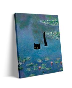 a painting of a cat swimming in a pond with lily pads and water lillies