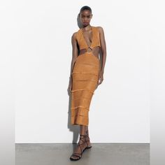 Buckled Metallic Thread Knit Dress Golden Sz M 0195/001 Zara Orange V-neck Midi Dress, Elegant Orange Midi Dress By Zara, Zara Orange Dress For Fall, Zara Orange Fall Dress, Fitted Orange Knit Dress, Zara Knit Dress For Party, Zara Knit Midi Dress, Zara Knit Party Dress, Zara Orange Fitted Midi Dress