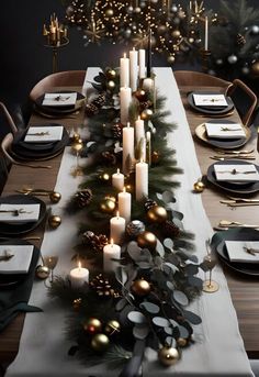 a dining table with candles and christmas decorations