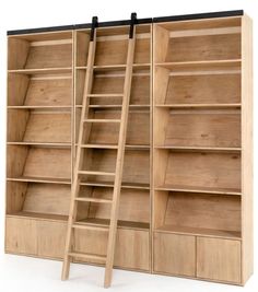 an open bookcase with two ladders on the bottom and shelves below it, against a white background