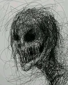 a black and white drawing of a skull with many lines on it's face