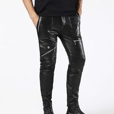 These slick biker pants are built from select nappa leather with a smooth, supple hand. Multiple metal zip pockets and D-rings amp the attitude. Fitted Leather Punk Bottoms, Fitted Punk Leather Bottoms, Punk Style Fitted Leather Bottoms, Fitted Leather Pants With Belt Loops For Streetwear, Biker Leather Pants With Zipper Closure, Fitted Leather Motorcycle Bottoms, Punk Leather Pants With Belt Loops For Streetwear, Punk Leather Pants For Biker Events, Fitted Punk Leather Pants