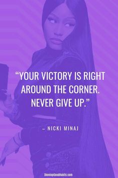 a woman with long black hair holding a cell phone in her hand and the quote your victory is right around the corner never give up