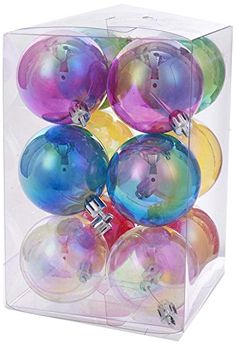 a clear box filled with multicolored ornaments