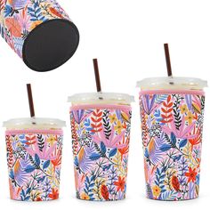 three colorful cups with straws and lids are shown next to an object that looks like it