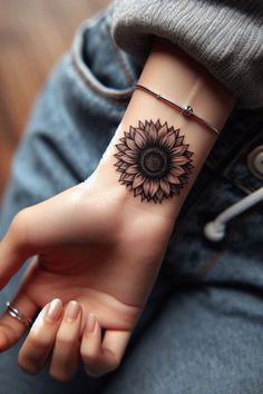 a woman's arm with a sunflower tattoo on her left wrist and the other hand