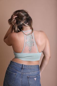 Plus Size Tattoo Back Bralette Plus Size Leto Collection 1X2X Sage Trendy Sports Bra With Medium Bust Support, Seamless Design Racerback Crop Top, Seamless Stretch Crop Top Bra, Stretch Seamless Crop Top Bra, Trendy Stretch Seamless Bra, Seamless Stretch Bra, Trendy Seamless Stretch Bra, Plus Size Tattoo, Plus Size Tattoos