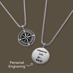 Looking for a gift for your man? You've found the perfect item for this!  Introducing our exquisite Personalized Compass Necklace For Men! Crafted with utmost attention to detail, this one-of-a-kind piece is perfect for those who seek adventure and navigate through life with confidence. Made from premium stainless steel, the pendant features a beautifully designed compass, reminding you to always stay true to your path. Customize this necklace with initials, names, message, or significant dates, Engraved Stainless Steel Jewelry For Friendship, Engraved Round Pendant Jewelry For Father's Day, Father's Day Engraved Round Pendant Jewelry, Engraved Round Pendant Jewelry For Friendship, Friendship Engraved Round Pendant Jewelry, Personalized Jewelry For Father's Day, Father's Day Medallion Jewelry Gift, Inspirational Silver Jewelry For Father's Day, Personalized Engraving Necklace For Father's Day