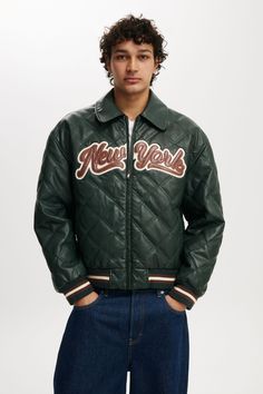 APPLIQUE BOMBER JACKET Green Leather Streetwear Jacket With Long Sleeves, Retro Spring Outerwear With Ribbed Cuffs, Green Leather Jacket For Streetwear With Long Sleeves, Green Leather Jacket For Streetwear, Casual Green Leather Jacket For Streetwear, Green Quilted Outerwear For Streetwear, Casual Quilted Leather Jacket For Spring, Long Sleeve And Shorts, Under Pants