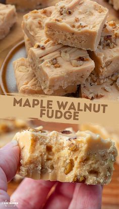 a hand holding a piece of maple walnut fudge