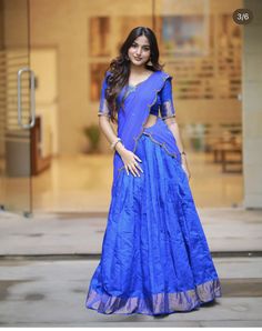 Half Saree Lehenga Blue, Blue Combination Color Outfit, Blue Combination Color, South Indian Dress, Blue Half Saree, Pranavi Manukonda, Lehenga Blue, Blue Dress Outfits