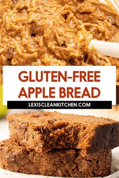 gluten - free apple bread on a white plate with the text overlay