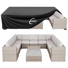 an outdoor furniture set with a black cover on the top and white couches below