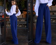 FREE STANDARD SHIPPING 14-21 DAYS / UPS EXPRESS SHIPPING 5-8 DAYS High Waist Trousers Camel Palazzo Pants For Women Size: XS,S,M,L Color: Beige,Black.,Blue,Red Material: Crepe diagonal XS Chest girth 82-86 cm Waist girth 59-63 cm Hip girth 86-90 cm S Chest girth 86-90 cm Waist girth 63-67 cm Hip girth 90-94 cm M Chest girth 90-94 cm Waist girth 68-71 cm Hip girth 94-98 cm L Chest girth 94-98 cm Waist girth 71-75 cm Hip girth 98-104 cm SHIPPING If you want to have express shipping by UPS Express, please, upgrade while checking out.   ⚠ Please note that buyers are responsible for any customs and import taxes that may apply in their country. The seller is not responsible for these charges. If in doubt, please check your country's customs regulations. Blue Palazzo Pants Outfit, Denim Palazzo, Blue Pants Outfit, Palazzo Pants Outfit, Dark Blue Pants, Trendy Pants, Velvet Flares, Palazzo Trousers, High Waist Trousers