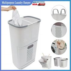 multipurpose laundry hamper with four different pictures and instructions to fold the paper