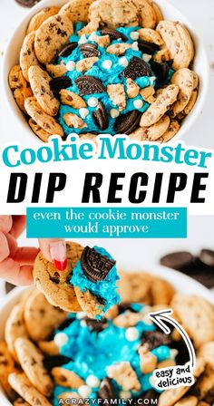 cookie monster dip recipe in a white bowl with blue frosting and cookies on top