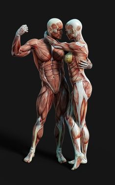 two muscular men hugging each other in front of a black background with the muscles visible