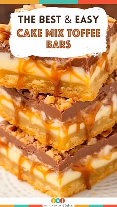 the best and easy cake mix toffee bars on a plate with text overlay