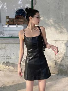 Spaghetti Strap Dress Short, Plus Size Metal, Short Leather Dress, Pu Leather Dress, Sundresses Women, Dark Dress, Pakaian Feminin, Strap Dresses, Statement Dress