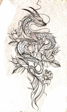 a drawing of a snake with flowers on it's back and the tail curled up