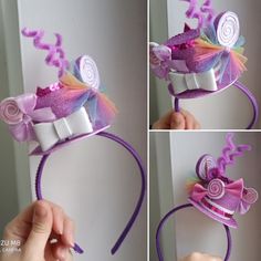 there is a purple hat with bows on it and two pictures showing how to make it