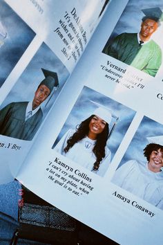 an open book with pictures of people in graduation caps and gowns