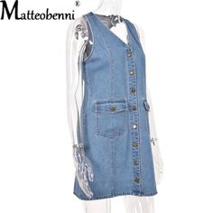 Buttons Sleeveless Casual Solid Color Denim Dress Fashion Pocket – lastrafashion Fitted V-neck Denim Dress With Buttons, Trendy V-neck Denim Summer Dress, Chic Denim V-neck Dress With Pockets, Chic V-neck Denim Dress With Pockets, Trendy Spring V-neck Denim Dress, Summer V-neck Denim Dress With Buttons, Denim V-neck Dress With Button Closure, Denim Dress Fashion, Sundress Casual