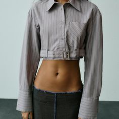 Zara Striped Cropped Shirt With Belt Sz Xxl - Grey 7200/015 Nwt Armpit To Armpit 22 Inch Shirt With Belt, Everyday Elegance, Belt Design, Cropped Shirt, Office Casual, Shirt For Women, Comfort Style, Crop Shirt, Casual Shirt