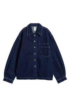 A dark-wash nonstretch-denim shirt is designed in an oversized silhouette with dropped shoulders and dual patch pockets on the left chest. Front button closure Point collar Long sleeves with button cuffs Chest patch pockets 100% cotton Dry clean Imported Blue Denim Shirt, Fall Mood, Button Down, Denim Button Down, Oversized Silhouette, Denim Shirt, Denim Button Up, Blue Denim, Button Up Shirts