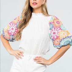 Super Cute Top By Thml Buttons Up The Back With Great Embroidery Sleeves Casual Multicolor Tops With Embroidered Sleeves, Multicolor Embroidered Sleeve Summer Tops, Embroidery Sleeves, Blue And White Top, Blue Embroidered Top, Thml Clothing, Embroidered Cotton Top, Sequin Sleeve, Suede Tops