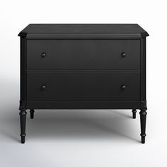 a black dresser with two drawers on one side and an open drawer on the other