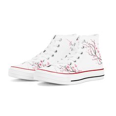 2024 White Sakura High Top Canvas Shoes White Sakura, Japanese Flower, White High Tops, Flower Shoes, Japanese Flowers, Canvas Shoes Women, Canvas Shoes, Classic Looks, High Top