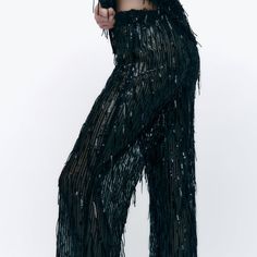 Semi-Sheer High-Waisted Pants With Elastic Waistband. Straight Leg. Fringe And Sequin Appliqu. This Item Is Unlined. Brand Zara Color Black Material Outer Shell 100% Polyester Condition New With Tag Bloggers Favorite New In Fw 2022 Fringed Pants, Zara Leather Pants, High Waisted Trouser Pants, Fw 2022, Glitter Pants, Sequin Pant, Cut Out Jeans, Fringe Pants, Zara Trousers