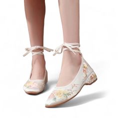 ❁Embrace Timeless Elegance and Comfort: White Lace-Up Ballet Flats with Delicate Florals Unveil a fusion of classic style and breathable comfort with our stunning white lace-up ballet flats featuring delicate floral embroidery!  These exquisite shoes are meticulously crafted to elevate your everyday look while keeping your feet cool and happy. ❁Crafted with Love and Attention to Detail: ⋆Silky Smooth Exterior Material: Luxurious fabric offers a touch of sophistication. ⋆Delicate Floral Embroider Beige Round Toe Wedding Shoes For Spring, Beige Summer Wedding Shoes With Round Toe, Formal Flat Heel Wedding Shoes For Spring, Beige Closed Toe Wedding Shoes For Spring, Summer Ceremony Heels With Round Toe, Spring Ceremony Ankle Strap Heels, Summer Wedding Heels With Floral Embroidery, Spring Wedding Shoes With Pointed Toe, Spring Wedding Shoes With Low Heel