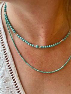 Tiny Turquoise Beaded Necklace Turquoise and Sterling Silver - Etsy Turquoise Seed Bead Necklace, Turquoise Jewelry Gold, Turquoise Beaded Necklace, Eco Jewelry, Silk Necklace, Beach Necklace, Beach Necklaces, Turquoise Bead Necklaces, Necklace Turquoise