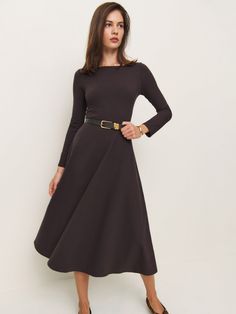 Wear the dress. Shop the Wiley Knit Dress from Reformation, a long-sleeve midi dress with a boat neckline and flared skirt. Extra Dresses, Black Currant, Church Outfits, Long Sleeve Midi, Boat Neckline, Long Sleeve Midi Dress, Flared Skirt, Flare Skirt, Day Dresses