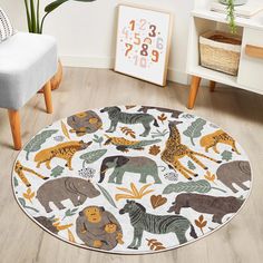 a round rug with various animals on it