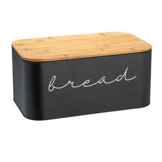 a black bread box with the word bread written on it