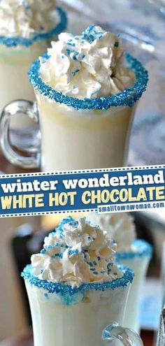 two glasses filled with white hot chocolate and whipped cream in blue sprinkles