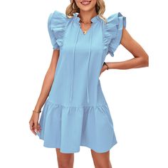 Blue Ruffle Pleated Lace-up V Neck Dress Blue Ruffle Sleeve Dress, Blue Sleeveless Casual Ruffle Dress, Casual Blue Ruffle Dress With Ruffle Hem, Blue Casual Ruffle Dress For Spring, Casual Blue Sleeveless Ruffle Dress, Casual Blue Ruffle Dress For Spring, Mini Dresses, Women Dresses, V Neck Dress