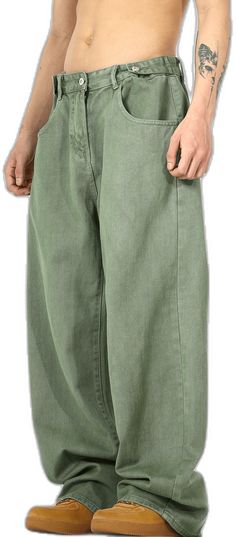 Khaki Full Length Jeans For Spring, Spring Full Length Khaki Jeans, Spring Casual Light Green Bottoms, Casual Green Full-length Bottoms, Casual Dark Green Spring Bottoms, Casual Dark Green Bottoms For Spring, Green Relaxed Fit Pants, Green Relaxed Fit Straight Pants, Green Baggy Cotton Jeans