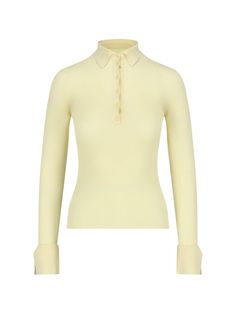 Sa Su Phi ribbed polo shirt in yellow cashmere and silk with classic collar, front buttons, split cuff detail, straight hem. Composition: 70% Cashmere, 30% Silk Elegant Polo Collar Top With Button Closure, Fitted Polo Collar Top With Button Cuffs, Elegant Tops With Button Closure And Polo Collar, Fine Knit Button-up Top For Work, Classic Spring Polo Sweater For Work, Classic Spring Workwear Polo Sweater, Spring Polo Collar Sweater For Work, Spring Polo Sweater For Workwear, Elegant Fitted Polo Sweater With Collared Neckline